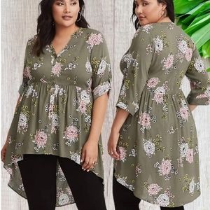 Torrid Lexi Olive Floral Babydoll Challis Tunic, size 2 (2x)